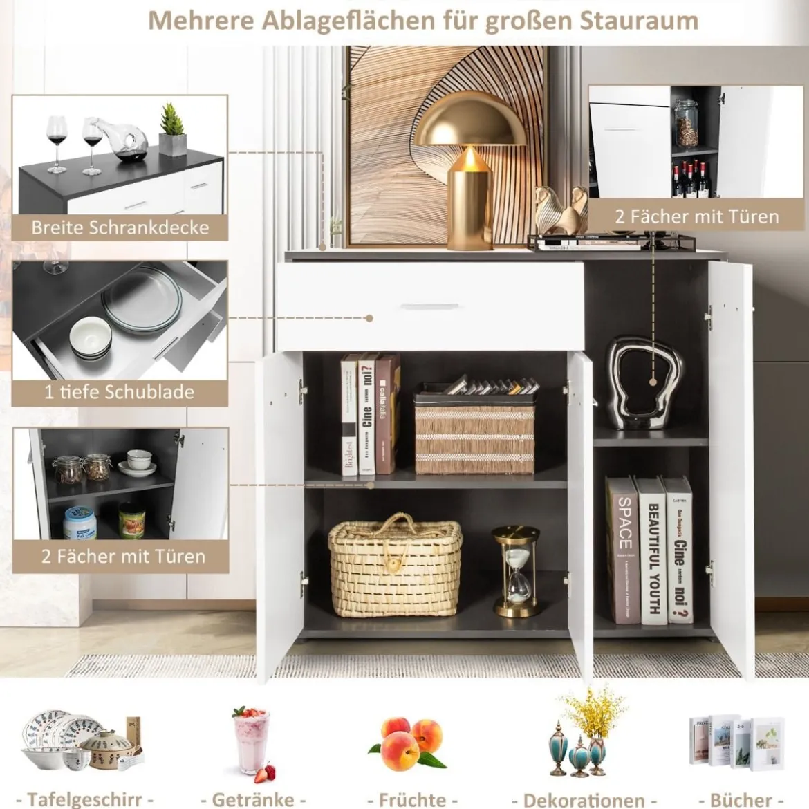 Kommode Küche Buffetschrank mit Schublade Küchenschrank mit verstellbarem Regal 88 x 40 x 80 cm