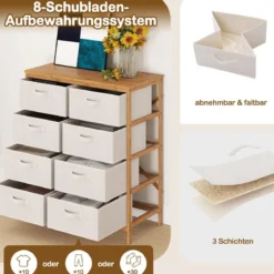 Kommode mit 8 Abnehmbaren Stoffschubladen & Bambusrahmen Schubladenschrank