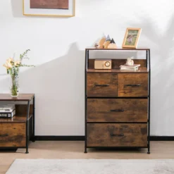 Kommode mit 4 Faltbaren Stoffschubladen & Metallrahmen Industriell Sideboard 60 x 39 x 96 cm