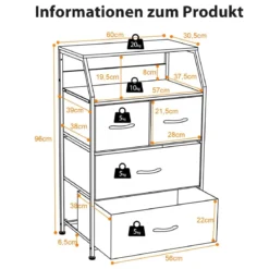 Kommode mit 4 Faltbaren Stoffschubladen & Metallrahmen Industriell Sideboard 60 x 39 x 96 cm