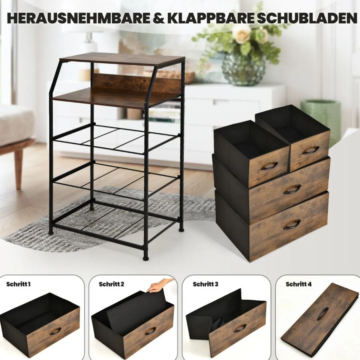 Kommode mit 4 Faltbaren Stoffschubladen & Metallrahmen Industriell Sideboard 60 x 39 x 96 cm