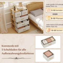 Kommode mit 5 faltbaren Stoffschubladen Bambus Aufbewahrungsschrank mit oberem Regal Natur