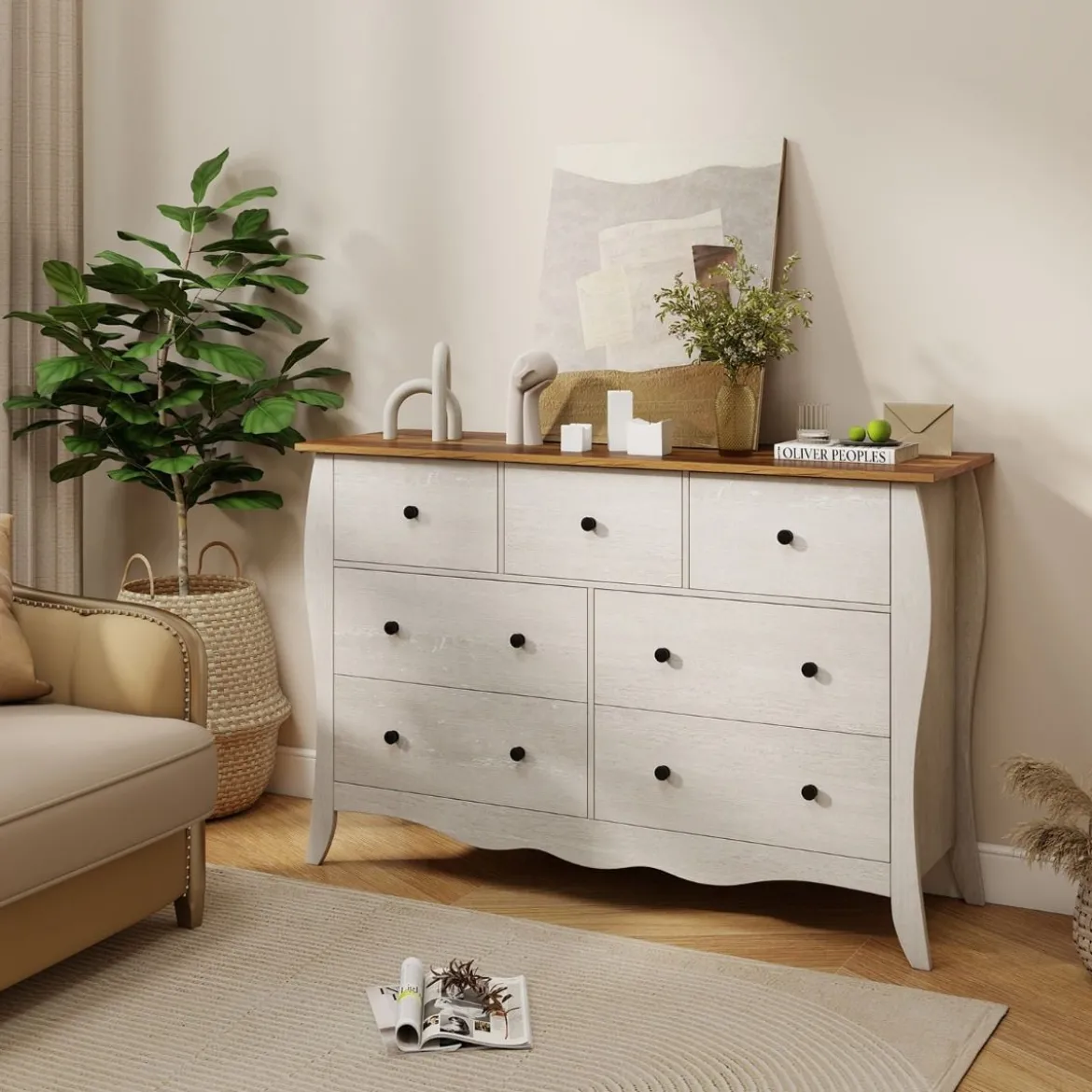 Kommode mit 7 Klappbaren Stoffschubladen Sideboard im Landhausstil Kleiderschrank Grau