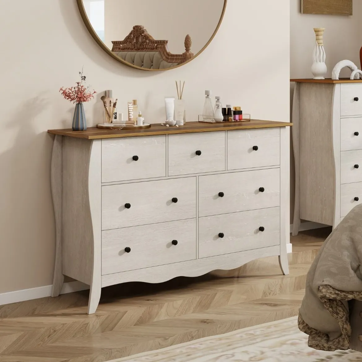 Kommode mit 7 Klappbaren Stoffschubladen Sideboard im Landhausstil Kleiderschrank Grau