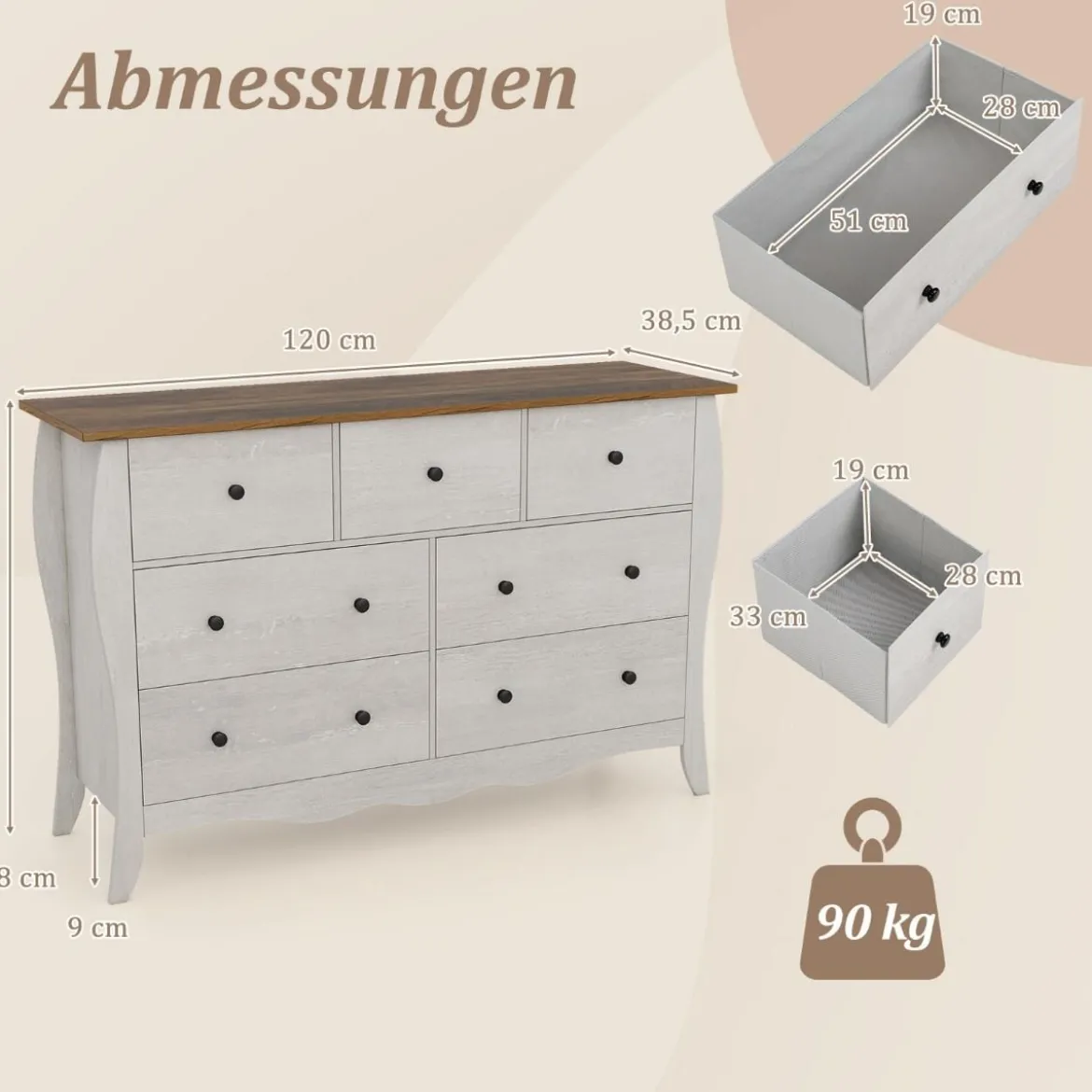 Kommode mit 7 Klappbaren Stoffschubladen Sideboard im Landhausstil Kleiderschrank Grau