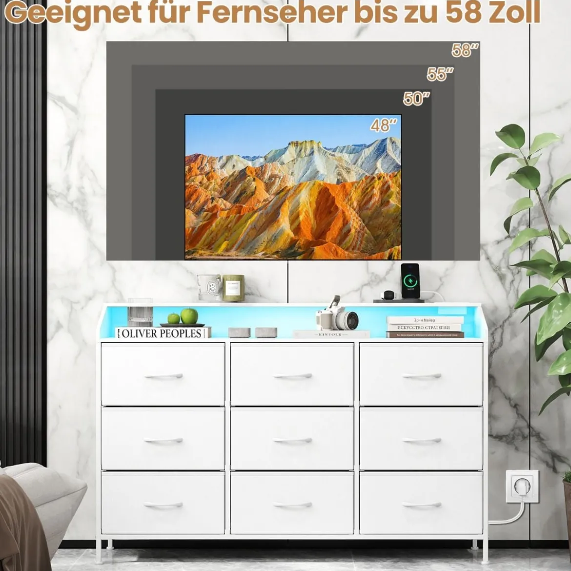 Kommode mit LED-Beleuchtung & Ladestation & 9 Stoffschubladen Sideboard Komodenschrank Weiß