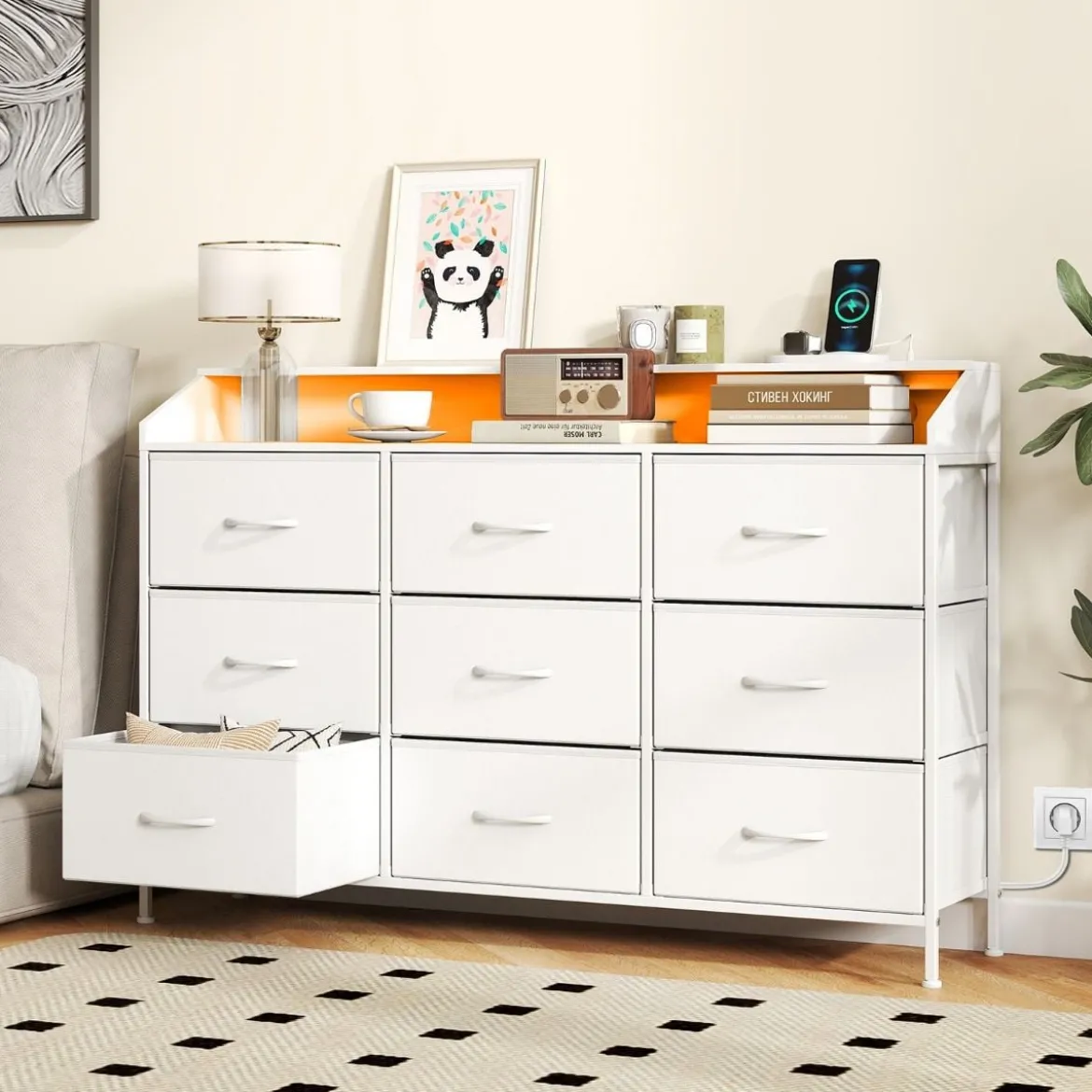 Kommode mit LED-Beleuchtung & Ladestation & 9 Stoffschubladen Sideboard Komodenschrank Weiß