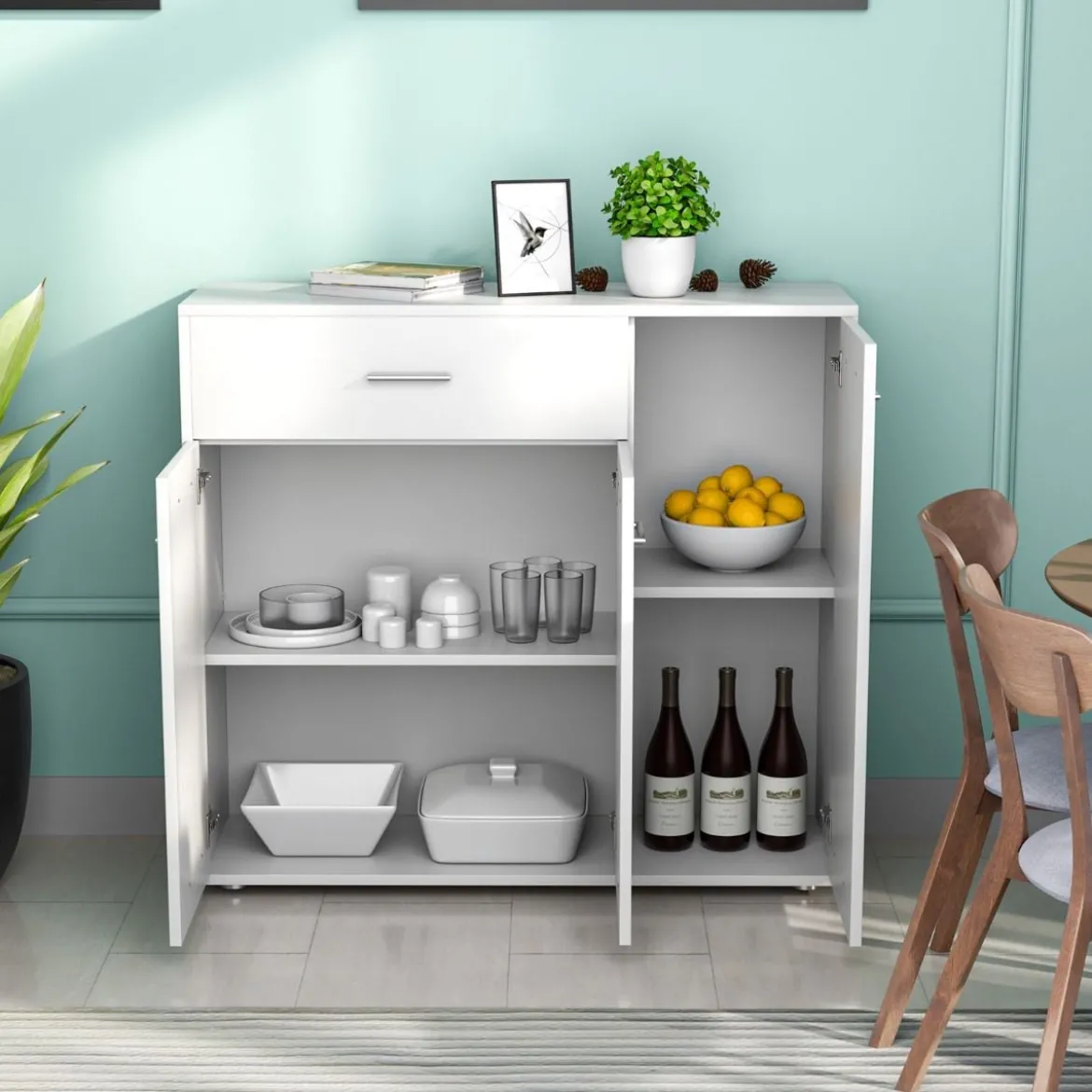 Kommode mit Schublade Holzschrank mit Verstellbaren Einlegeböden 90 x 29 x 82 cm Weiß