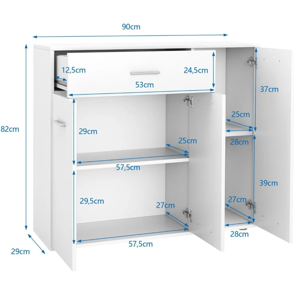 Kommode mit Schublade Holzschrank mit Verstellbaren Einlegeböden 90 x 29 x 82 cm Weiß