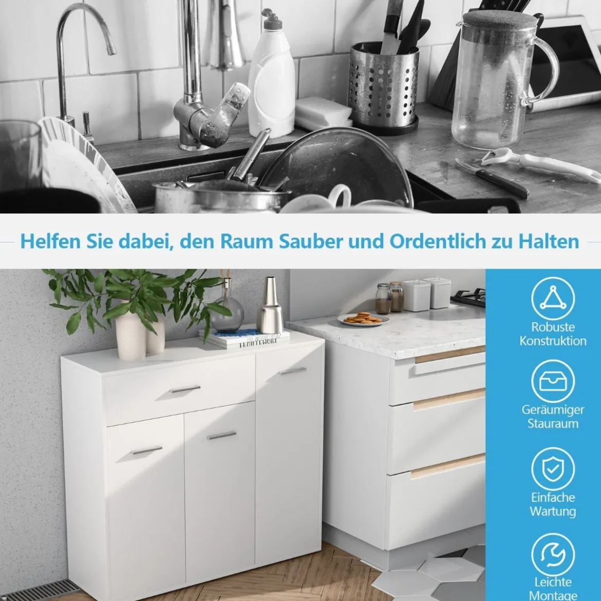 Kommode mit Schublade Holzschrank mit Verstellbaren Einlegeböden 90 x 29 x 82 cm Weiß