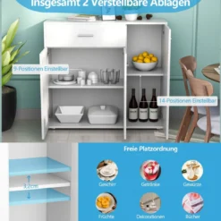 Kommode mit Schublade Holzschrank mit Verstellbaren Einlegeböden 90 x 29 x 82 cm Weiß