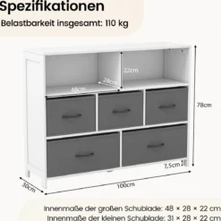 Kommode mit 5 Schubladen Aufbewahrungsschrank mit offenen Regalen 100 x 30 x 78 cm