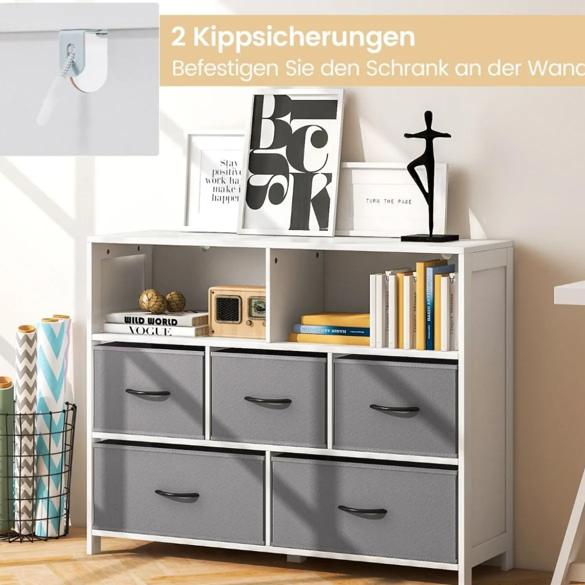 Kommode mit 5 Schubladen Aufbewahrungsschrank mit offenen Regalen 100 x 30 x 78 cm