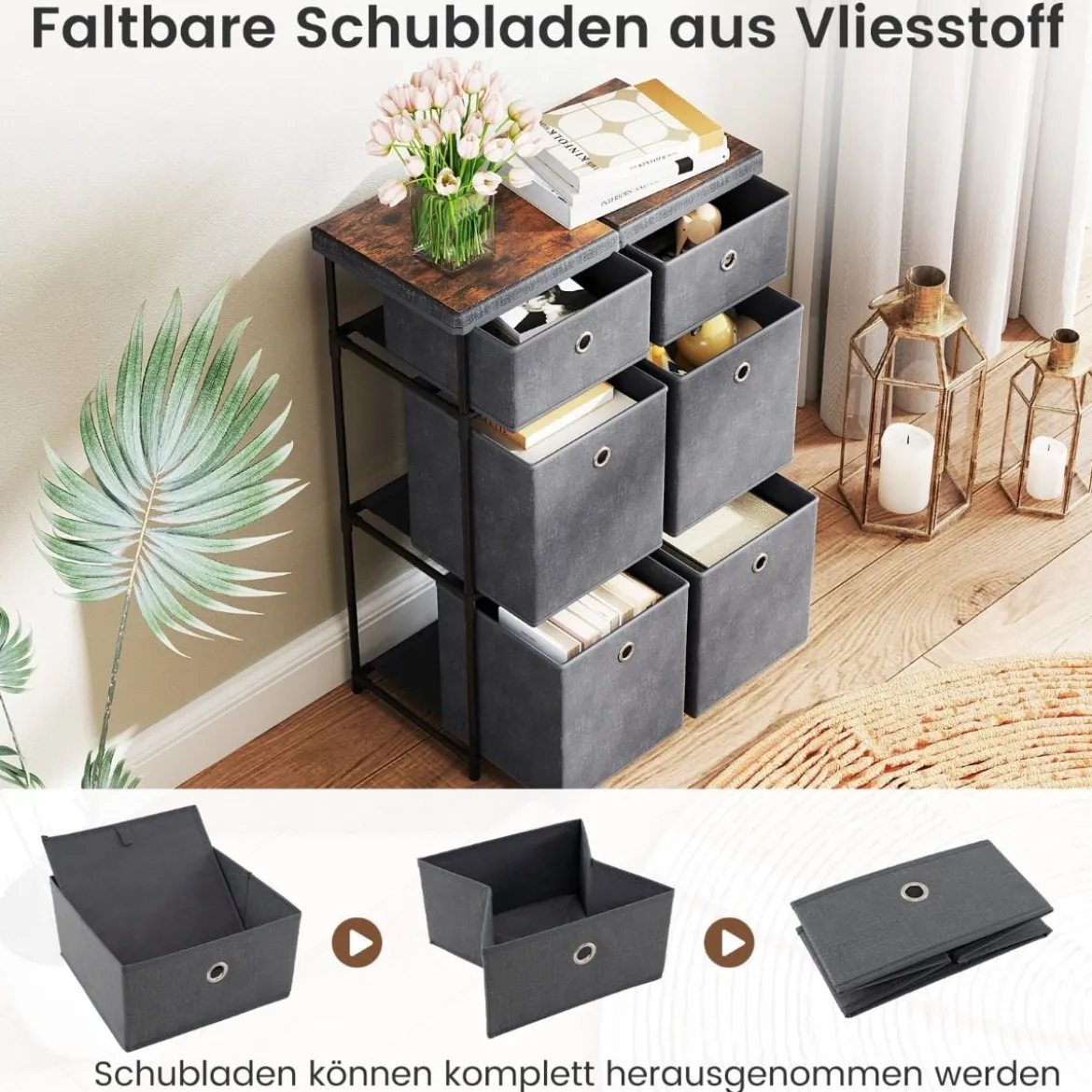 Kommode mit Schubladen Aufbewahrungstisch mit Metallrahmen und klappbaren Stoffbehältern Grau
