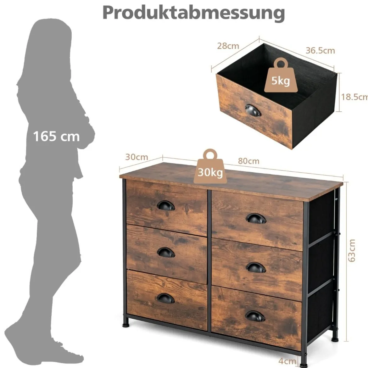 Kommode mit 6 Schubladen Faltbaren Stoffschubladen & Rostfreiem Eisenrahmen & Holzplatten