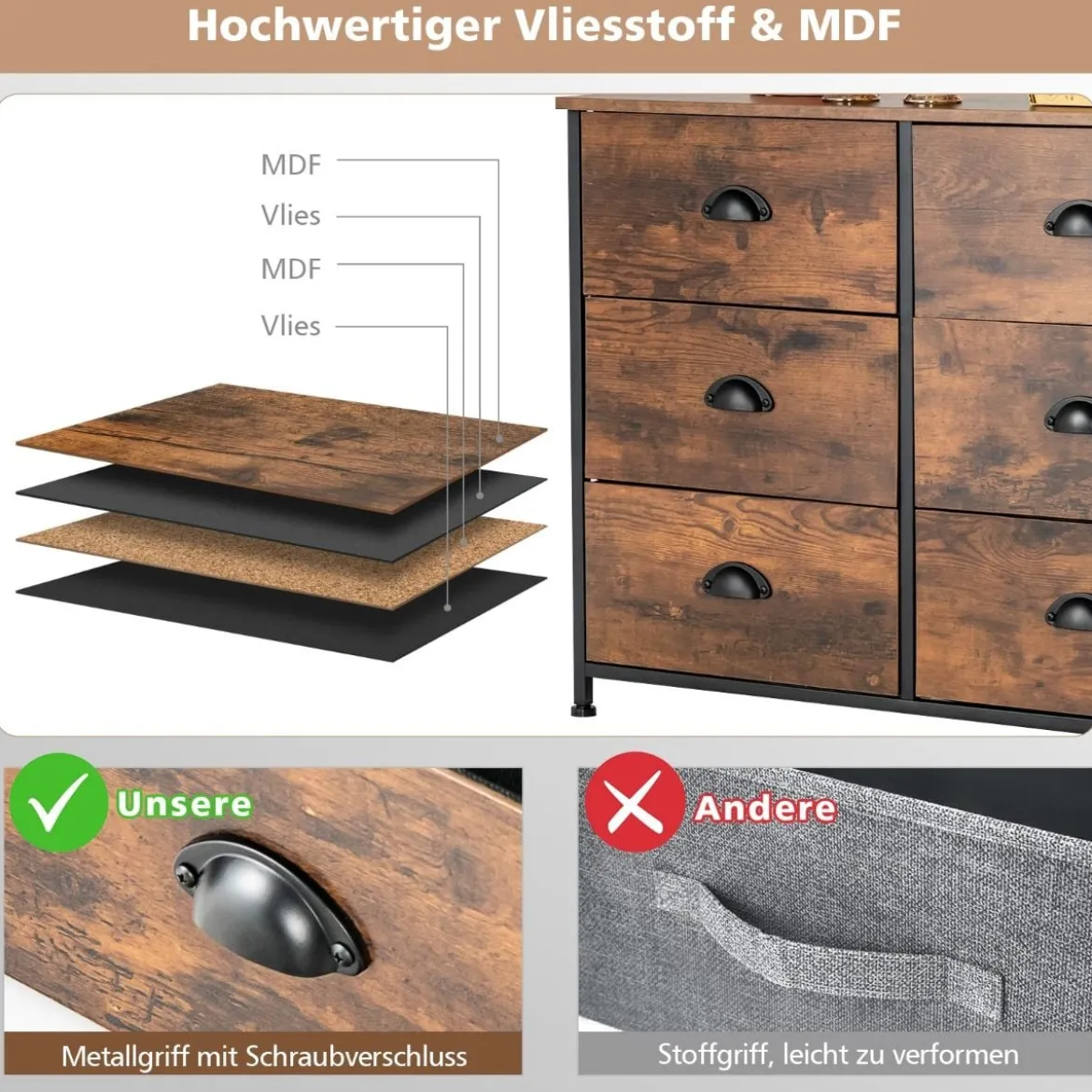 Kommode mit 6 Schubladen Faltbaren Stoffschubladen & Rostfreiem Eisenrahmen & Holzplatten