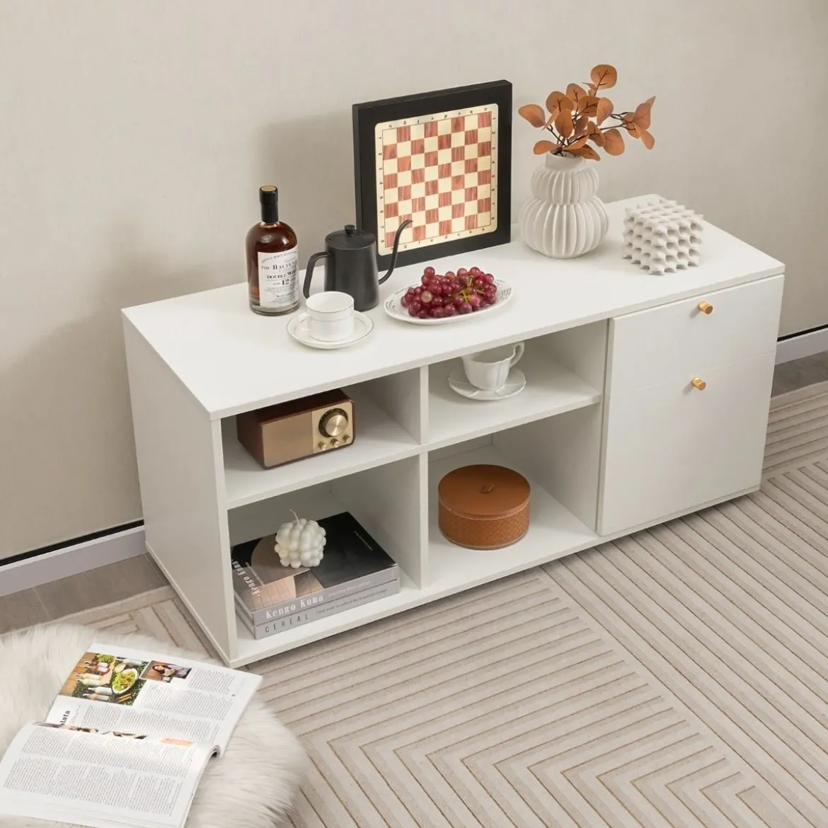 Kommode mit 2 Schubladen & 4 Fächern & Verstellbaren Füßen Sideboard TV-Schrank Weiß