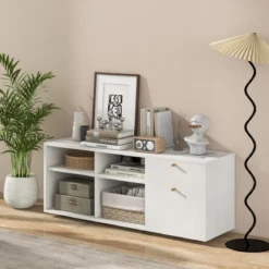 Kommode mit 2 Schubladen & 4 Fächern & Verstellbaren Füßen Sideboard TV-Schrank Weiß