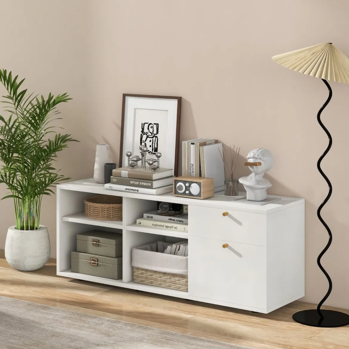 Kommode mit 2 Schubladen & 4 Fächern & Verstellbaren Füßen Sideboard TV-Schrank Weiß