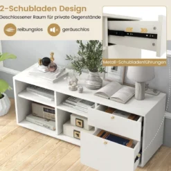 Kommode mit 2 Schubladen & 4 Fächern & Verstellbaren Füßen Sideboard TV-Schrank Weiß