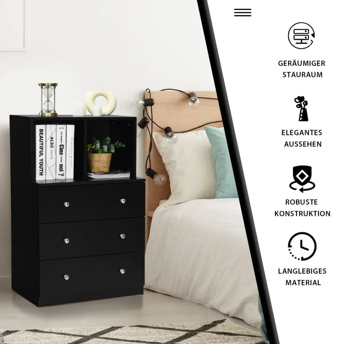 Kommode mit 3 Schubladen & 2 Fächern Sideboard aus Holz mit Kippsicherung 60 x 40 x 94 cm Schwarz