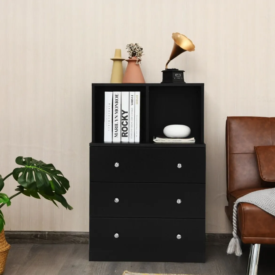 Kommode mit 3 Schubladen & 2 Fächern Sideboard aus Holz mit Kippsicherung 60 x 40 x 94 cm Schwarz
