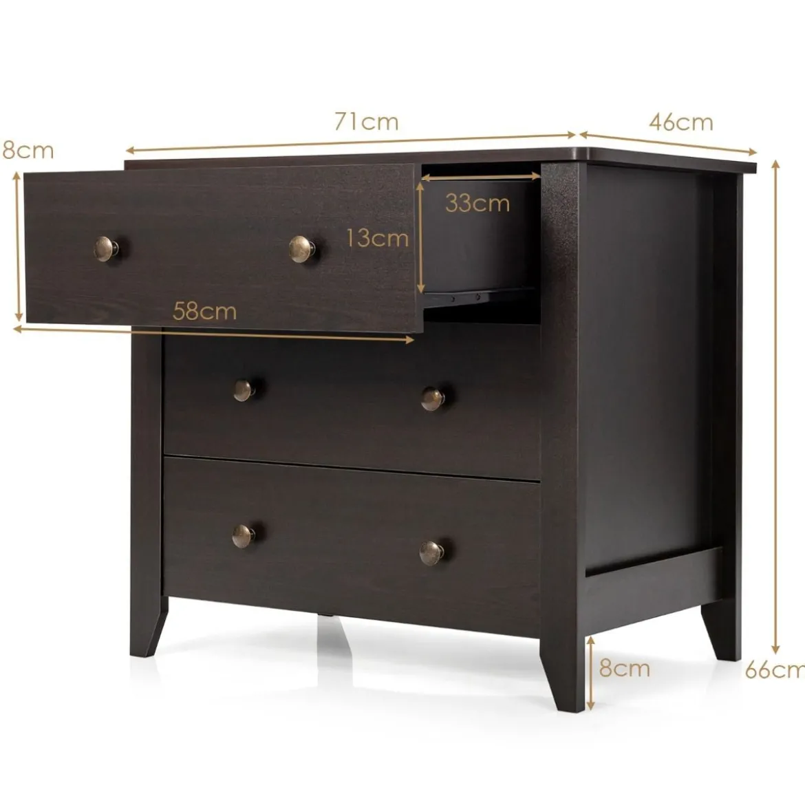 Kommode mit 3 Schubladen & Griffen aus Holz Nachttisch 71 x 46 x 66 cm Braun