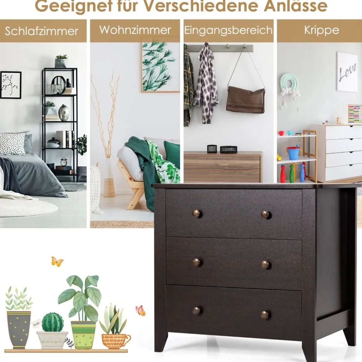 Kommode mit 3 Schubladen & Griffen aus Holz Nachttisch 71 x 46 x 66 cm Braun