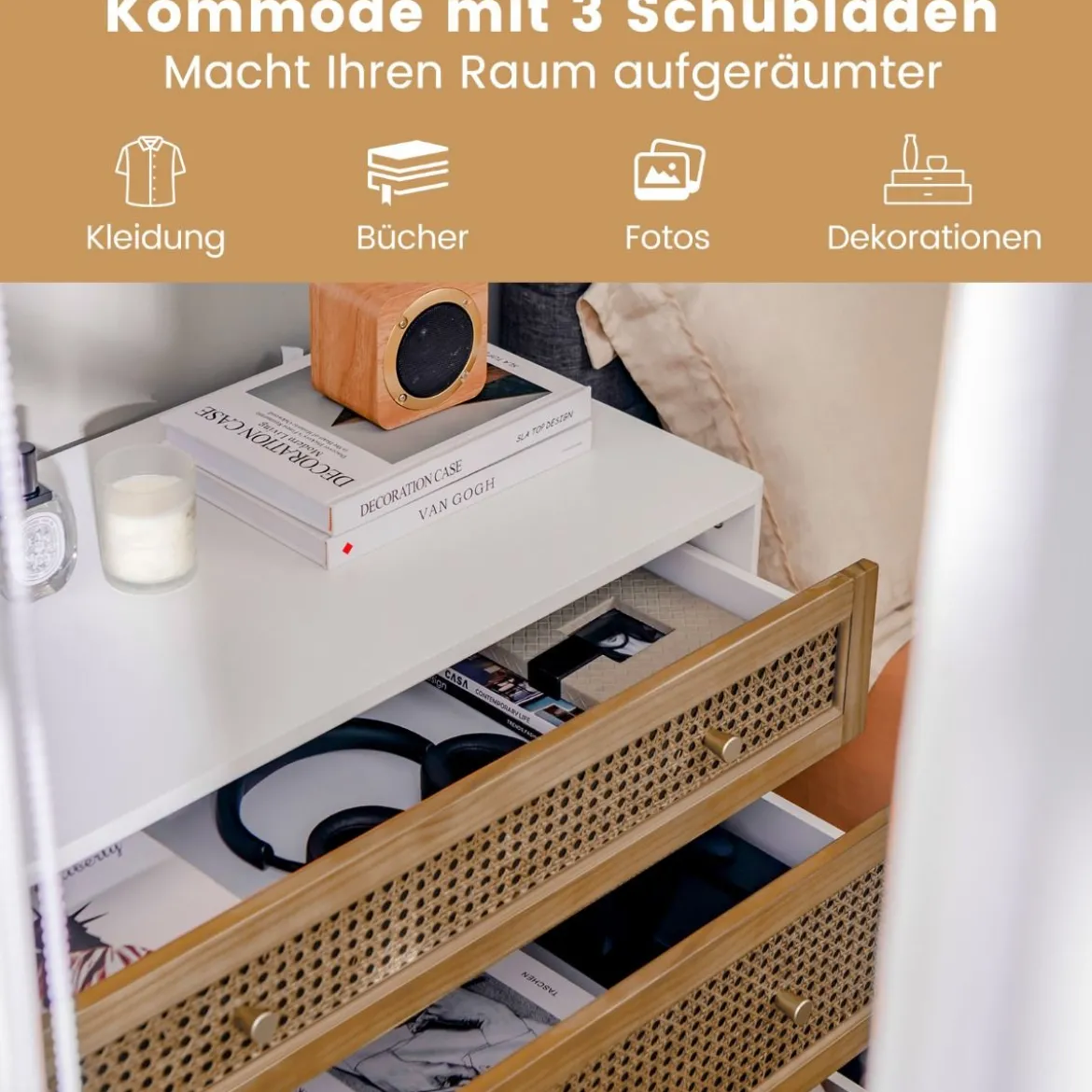 Kommode mit 3 Schubladen Moderner Schubladenschrank mit Kippschutz 80 x 40 x 78 cm Weiß und Braun
