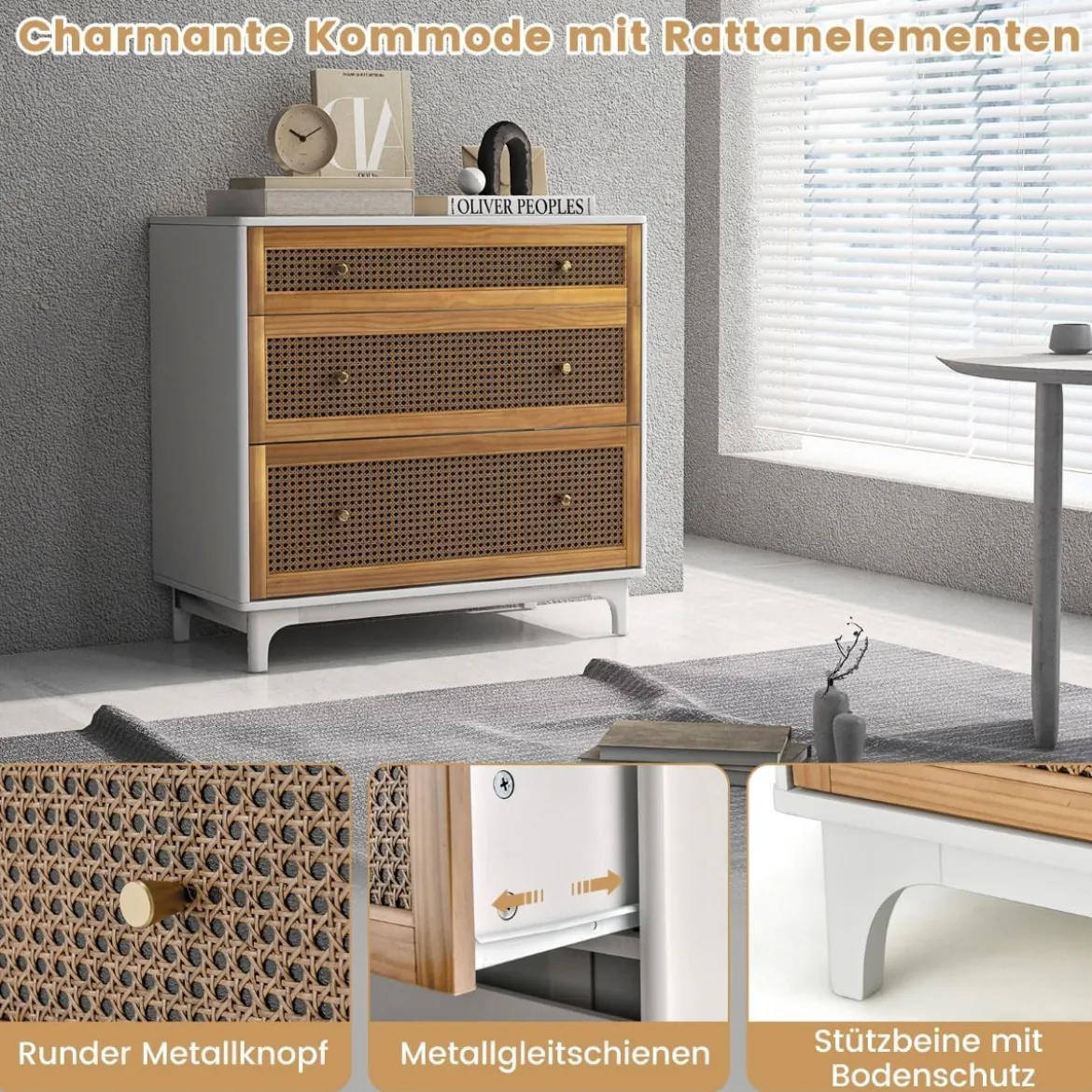 Kommode mit 3 Schubladen Moderner Schubladenschrank mit Kippschutz 80 x 40 x 78 cm Weiß und Braun