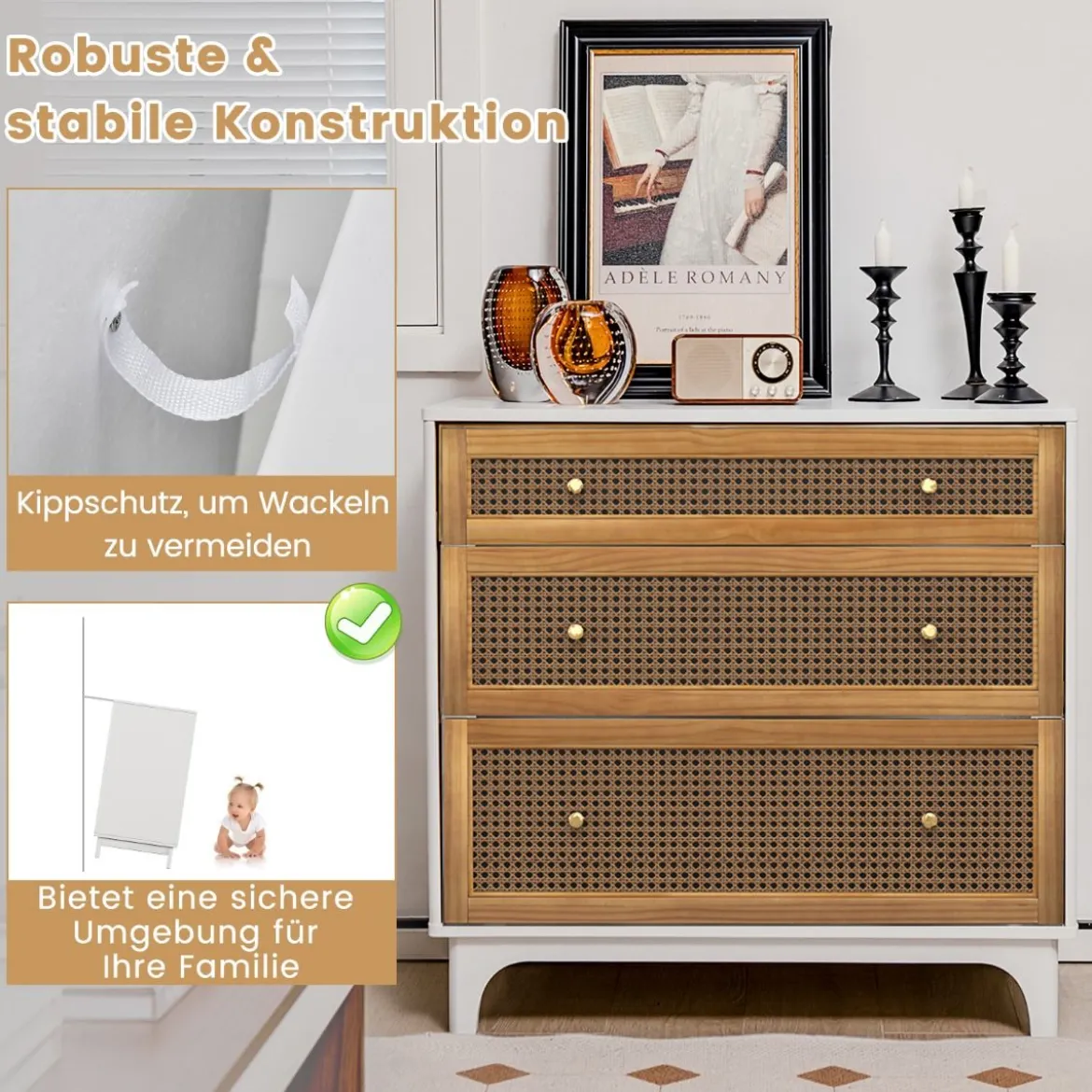 Kommode mit 3 Schubladen Moderner Schubladenschrank mit Kippschutz 80 x 40 x 78 cm Weiß und Braun