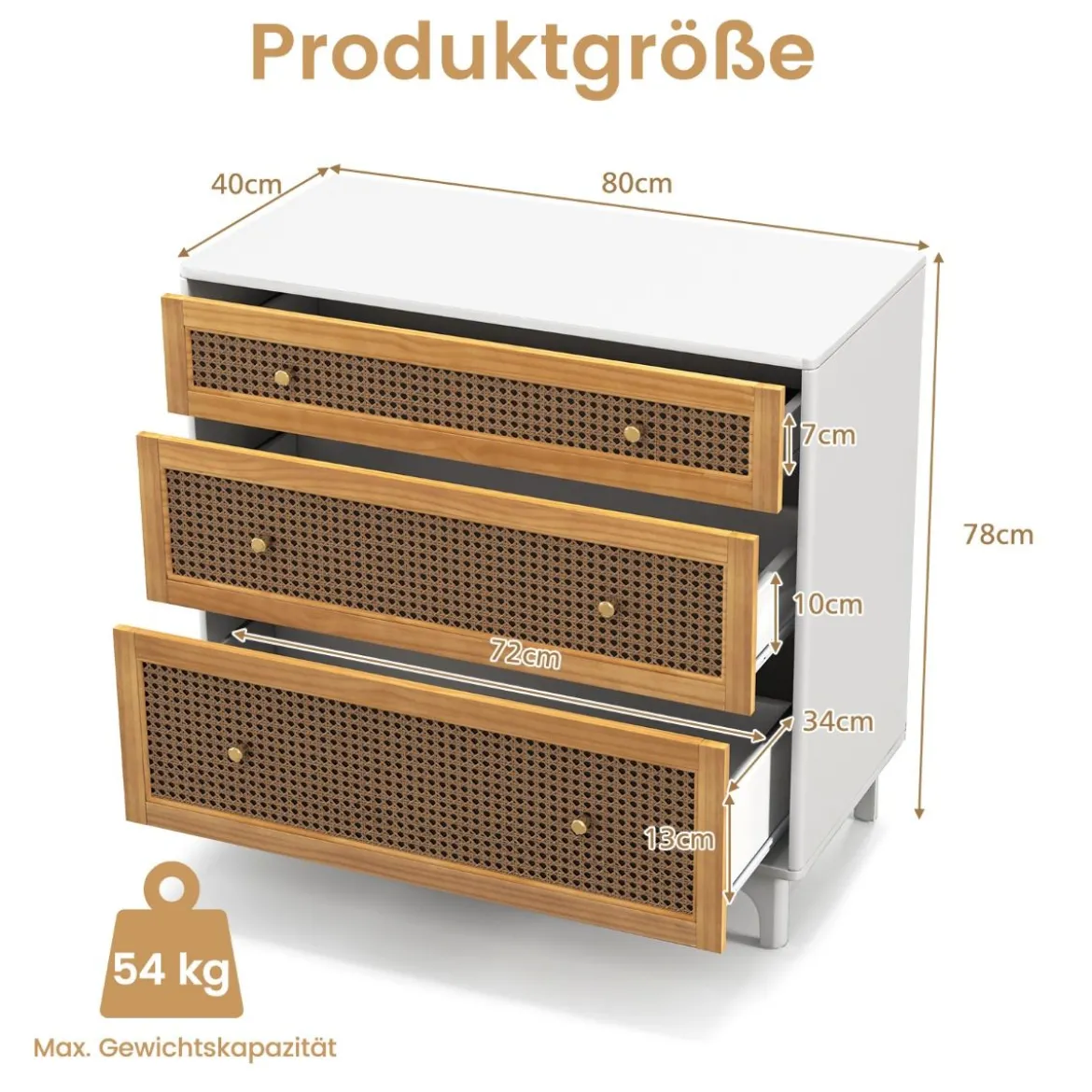 Kommode mit 3 Schubladen Moderner Schubladenschrank mit Kippschutz 80 x 40 x 78 cm Weiß und Braun