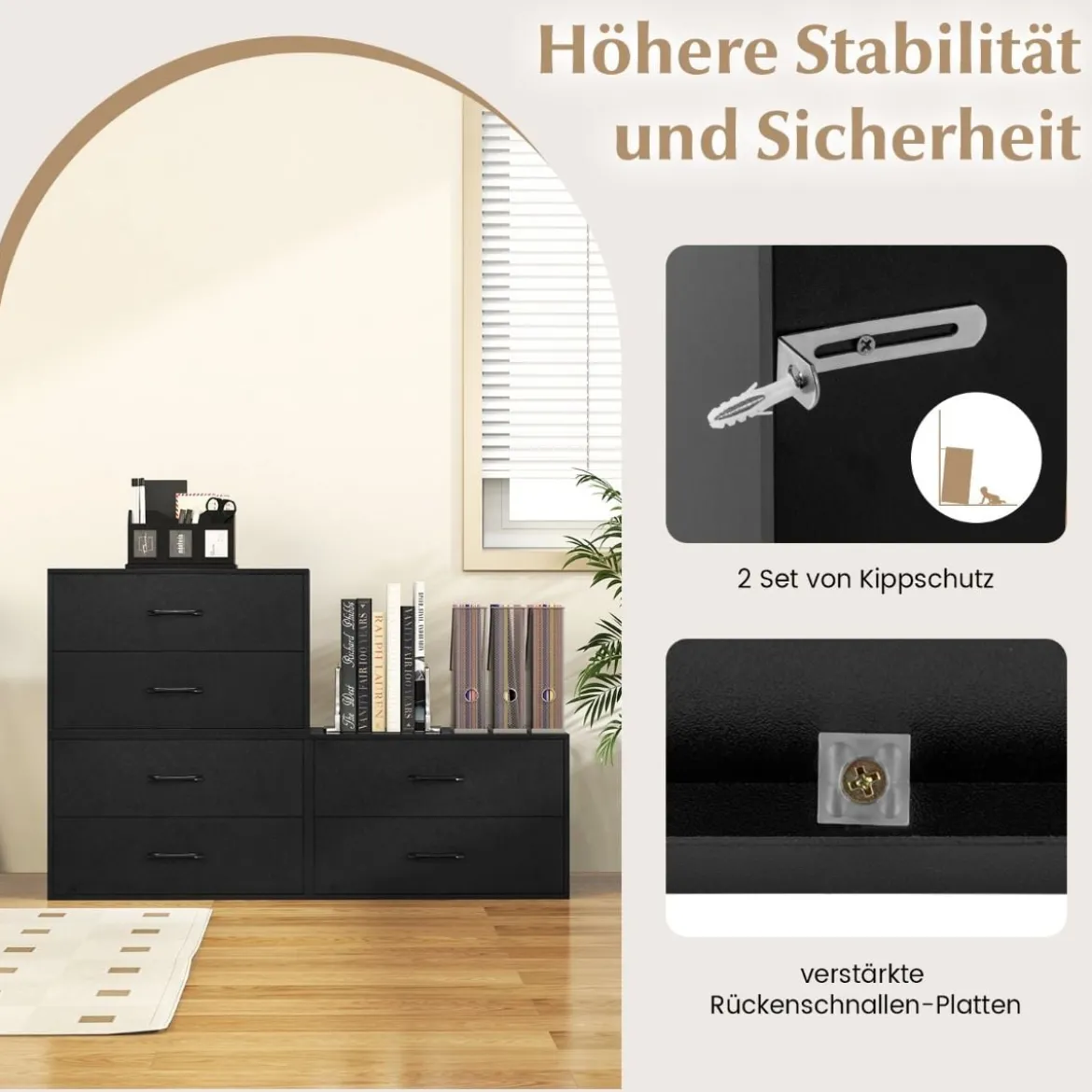 Kommode mit 2 Schubladen Schubladenschrank stapelbar Sideboard aus Holz 60 x 34 x 38 cm Schwarz/Weiß/Walnuss
