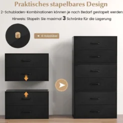 Kommode mit 2 Schubladen Schubladenschrank stapelbar Sideboard aus Holz 60 x 34 x 38 cm Schwarz/Weiß/Walnuss