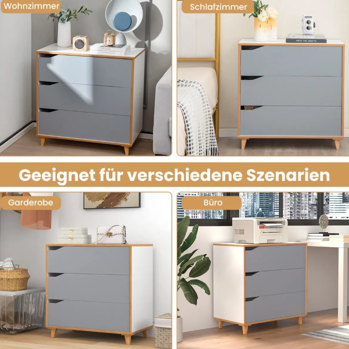 Kommode mit Schubladen Sideboard Holz Schubladenschrank für Schlafzimmer 75 x 42 x 75 cm Grau