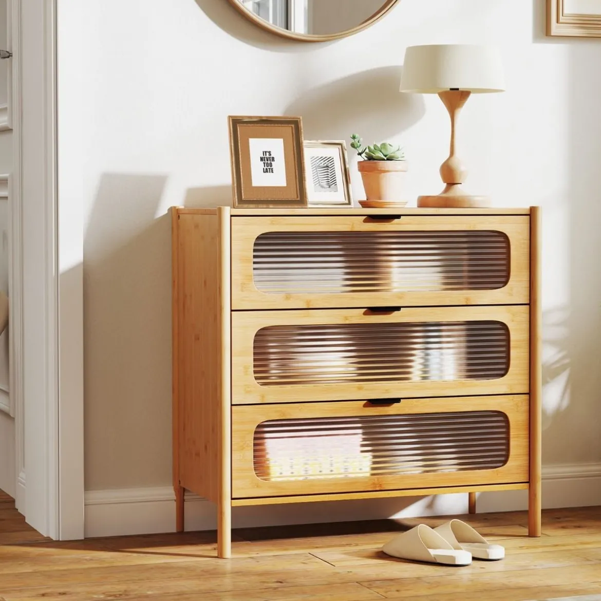 Kommode mit 3 Schubladen Sideboard aus Bambus & Gehärtetes Glas Natur 80 x 40 x 78,5 cm
