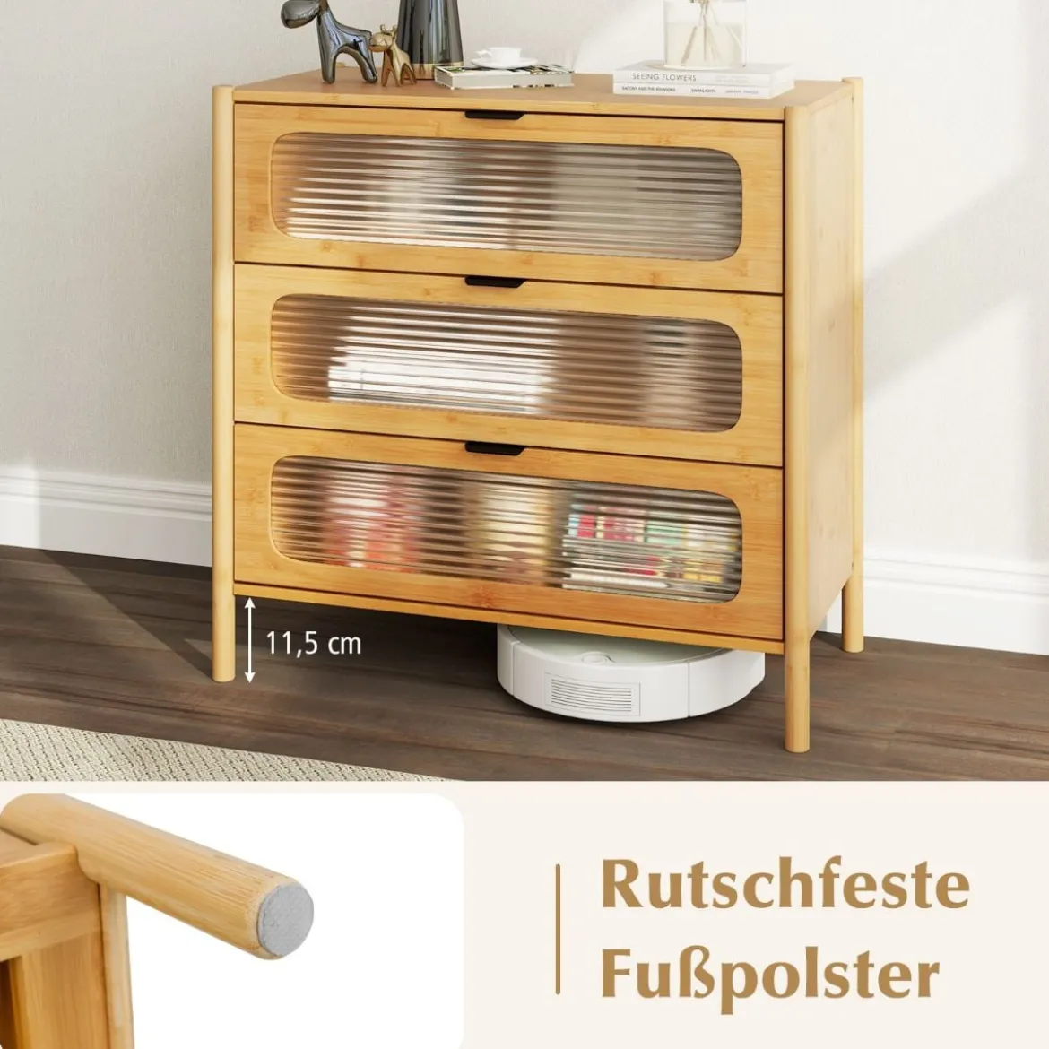 Kommode mit 3 Schubladen Sideboard aus Bambus & Gehärtetes Glas Natur 80 x 40 x 78,5 cm