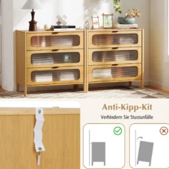Kommode mit 3 Schubladen Sideboard aus Bambus & Gehärtetes Glas Natur 80 x 40 x 78,5 cm