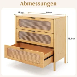 Kommode mit 3 Schubladen Sideboard aus Bambus & Gehärtetes Glas Natur 80 x 40 x 78,5 cm