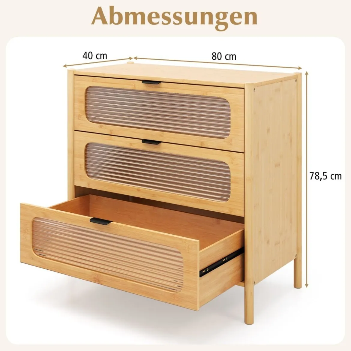 Kommode mit 3 Schubladen Sideboard aus Bambus & Gehärtetes Glas Natur 80 x 40 x 78,5 cm