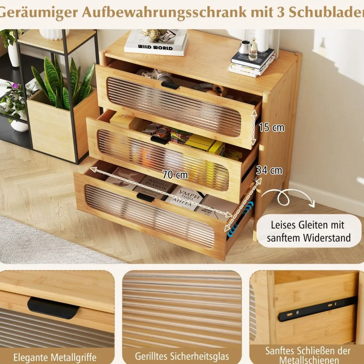 Kommode mit 3 Schubladen Sideboard aus Bambus & Gehärtetes Glas Natur 80 x 40 x 78,5 cm