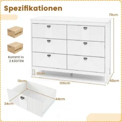 Kommode mit 6 Schubladen Sideboard Weiß aus Holz Schubladenschrank modern 106 x 40 x 79 cm
