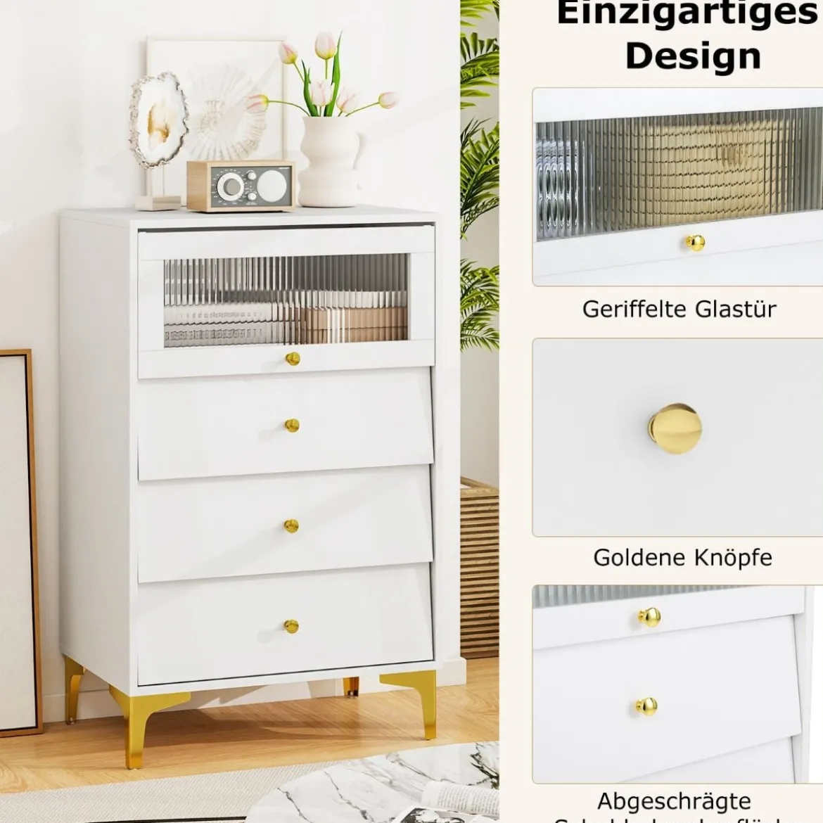 Kommode mit 3 Schubladen Sideboard mit hochklappbarer Glastür Aufbewahrungsschrank Weiß