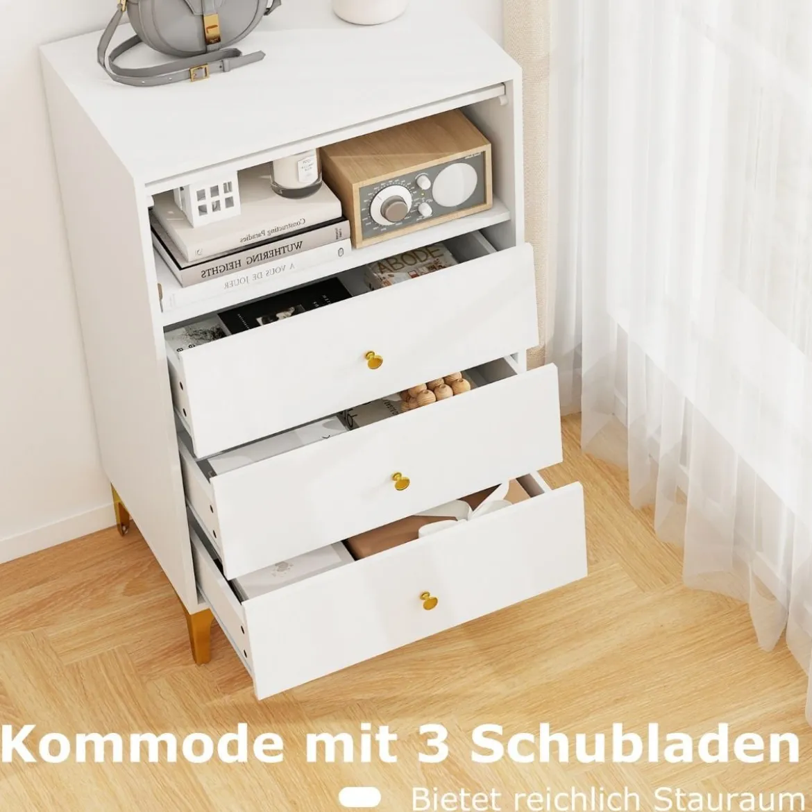 Kommode mit 3 Schubladen Sideboard mit hochklappbarer Glastür Aufbewahrungsschrank Weiß