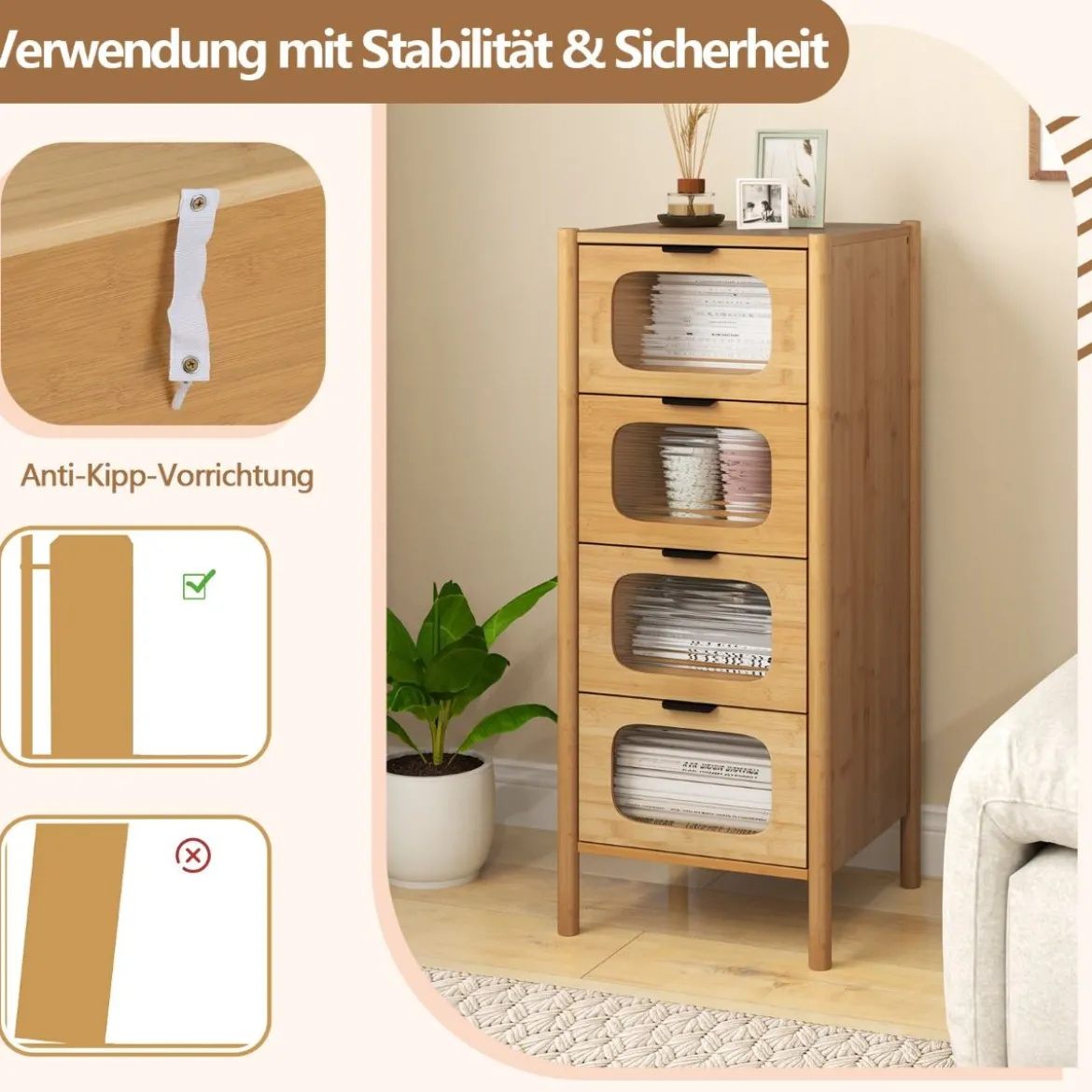 Kommode mit 4 Schubladen Sideboard aus Bambus & Gehärtetes Glas Natur 40 x 40 x 97 cm