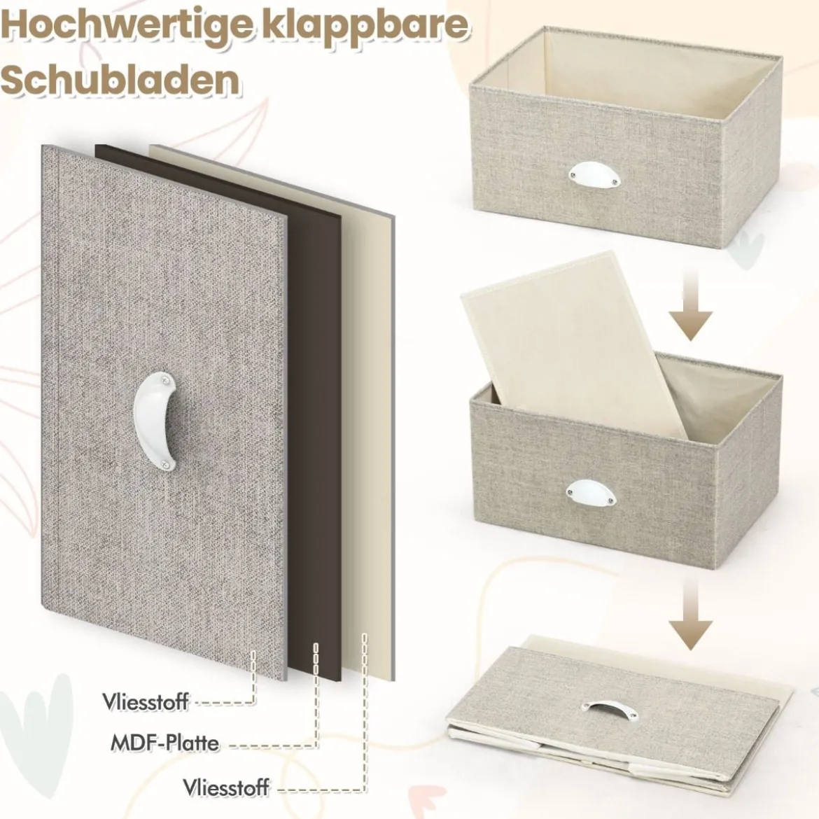 Kommode mit 3 Schubladen Stoffkommode mit Metallgestell & Tischplatte 45 x 30 x 73 cm Weiß + Hellgrau