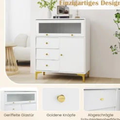 Kommode mit 3 Schubladen & 2 Türen Sideboard mit hochklappbarer Glastür 80 x 40 x 95,5 cm Weiß