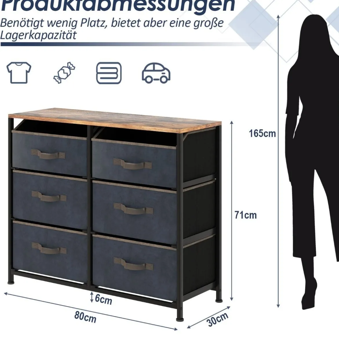 Kommode mit 6 Stoffschubladen Stoffkommode mit Kippsicherem Design 80 x 30 x 71 cm