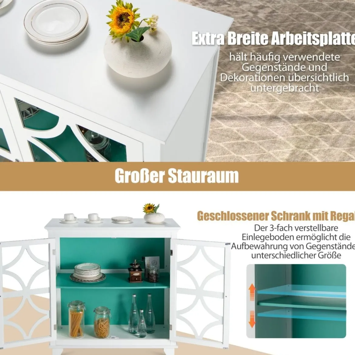 Kommode mit verstellbarem Regal Holz Sideboard mit Glastür Aufbewahrungsschrank für Küche Wohnzimmer Grün