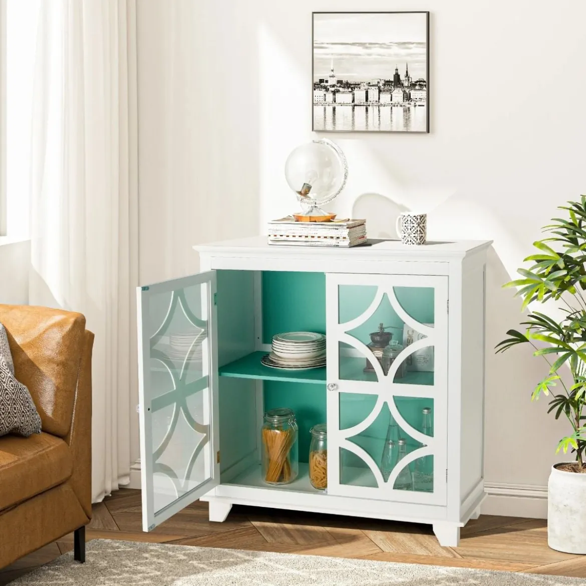 Kommode mit verstellbarem Regal Holz Sideboard mit Glastür Aufbewahrungsschrank für Küche Wohnzimmer Grün